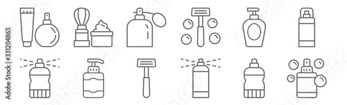 set of 12 barber shop icons. outline thin line icons such as perfume, hair spray, gel, gel, cologne, shaving foam
