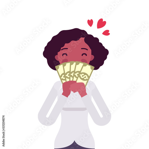 Big money love, woman adoring dollar banknotes. Happy prosperous person enjoying good financial life, high earnings, profit, dreaming of wealth, winning lottery. Vector flat style cartoon illustration