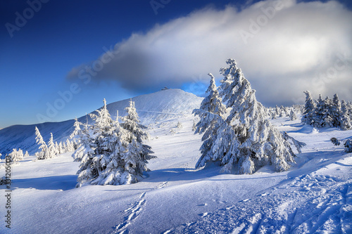 Fototapeta Naklejka Na Ścianę i Meble -  KARPACZ, POLAND - MARCH 08, 2020: Snezka or Sniezka (in Czech and Polish) is a mountain on the border between the Czech Republic and Poland, Karkonosze National Park, Poland, Europe.