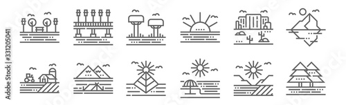 set of 12 landscapes icons. outline thin line icons such as trees, beach, camping, desert, baobab, bridge