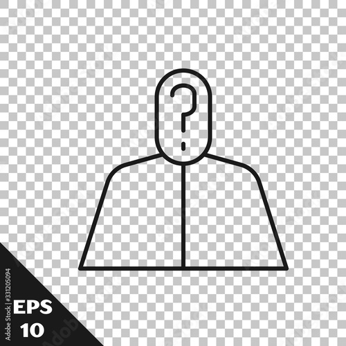 Black line Anonymous man with question mark icon isolated on transparent background. Unknown user, incognito profile, business secrecy, obscurity. Vector Illustration