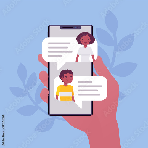 Mobile chat, smartphone application for chat communication. Live talk for helping customers, friendly messaging, romantic texting, informal online conversation. Vector flat style cartoon illustration