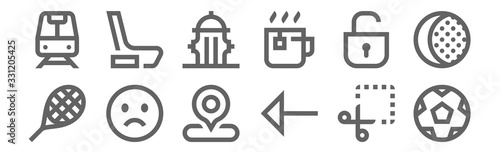 set of 12 miscellaneous icons. outline thin line icons such as football, left arrow, sad, open padlock, hydrant, ice hockey