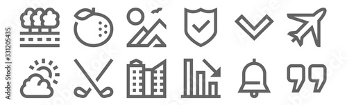 set of 12 miscellaneous icons. outline thin line icons such as quotation, loss, golf, down chevron, mountain, orange