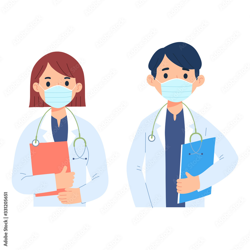 character of young women and men as doctors, character vector illustration of the profession of doctors who wear masks to protect themselves from germs, viruses, bacteria and pollution character of young women and men as doctors, character vector illustration of the profession of doctors who wear masks to protect themselves from germs, viruses, bacteria and pollution