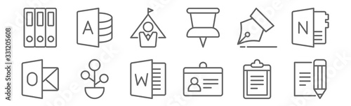 set of 12 workspace support icons. outline thin line icons such as document, card, plant, writing, manager, workspace