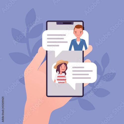 Mobile chat, smartphone application for chat communication. Live talk for helping customers, friendly messaging, romantic texting, informal online conversation. Vector flat style cartoon illustration