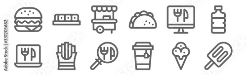 set of 12 take away icons. outline thin line icons such as ice cream, tea, french fries, online, food stall, sushi