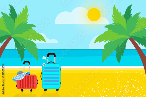 Two Travel Suitcases under the palm tree on Seashore. Sea. Woman summer hat. Time to travel. Tropical summer holidays. Flat