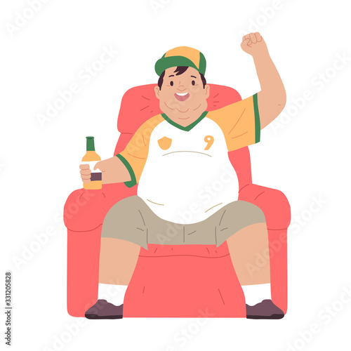 vector illustration of fat or obese man sitting on a couch holding a bottle of cold beer