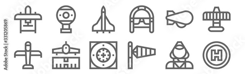 set of 12 aviation icons. outline thin line icons such as heliport, windsock, runway, zeppelin, jet, hot air balloon