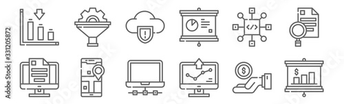 set of 12 analytics icons. outline thin line icons such as analytics, computer, gps, algorithm, cloud server, funnel