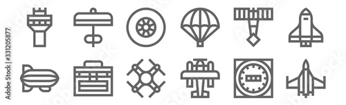 set of 12 aviation icons. outline thin line icons such as fighter, aeroplane, toolbox, demoiselle, wheel, ultralight