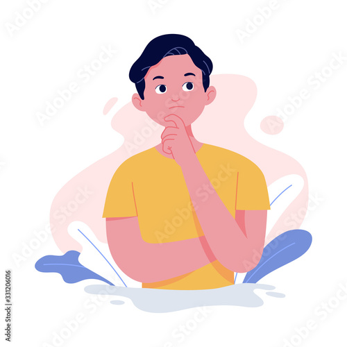 vector illustration of facial expression of a young man who is thinking with his hands placed under his chin and eyes looking up