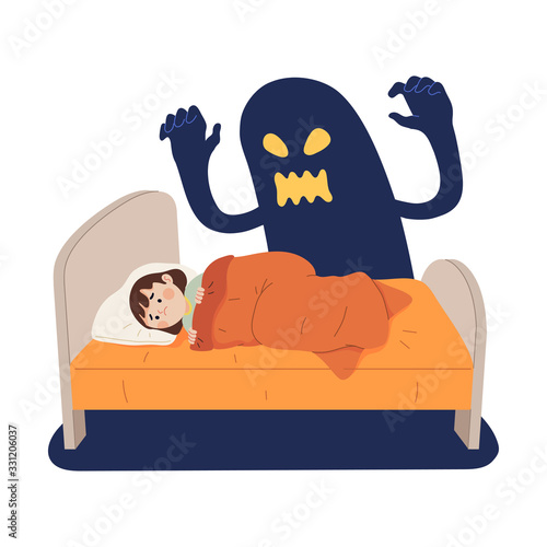 vector illustration of a girl's fantasy with a frightened expression imagining a very scary big ghost from under the bed