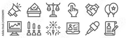 set of 12 voting elections icons. outline thin line icons such as cv, vote, rating, handshake, balance, voting box