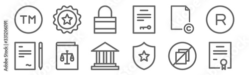 set of 12 copyright icons. outline thin line icons such as patent, guarantee, law book, copyright, private, original