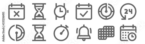 set of 12 calendar date icons. outline thin line icons such as calendar, bell, hourglass, timer, watch, hourglass