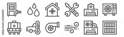 set of 12 air conditioner icons. outline thin line icons such as air filter, wind, car, air conditioner, house, humidity