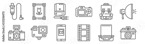 set of 12 photography icons. outline thin line icons such as print, film, action camera, bag, charger, frame