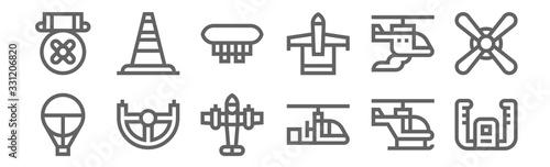 set of 12 aviation icons. outline thin line icons such as yoke, autogyro, yoke, helicopter, zeppelin, cone