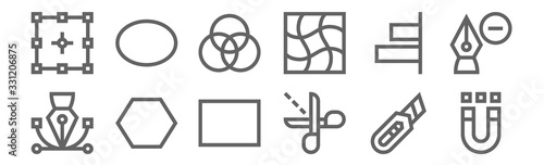 set of 12 editing tools icons. outline thin line icons such as magnet, scissors, poligon, align, rgb, ellipse