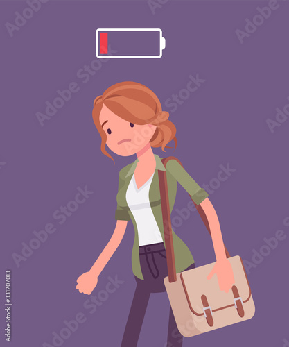 Discharged woman, low power battery. Empty weary girl, feeling tired, fatigued after working, extremely bored unmotivated employee, lack of energy, enthusiasm. Vector flat style cartoon illustration