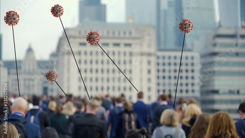 Crowd of people walking in slow motion with Coronavirus graphic animating above and pointing to individuals. In this version graphic is in focus