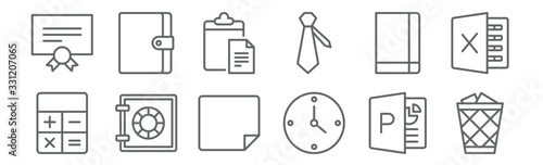set of 12 workspace support icons. outline thin line icons such as bin, clock, safety box, agenda, document, notebook