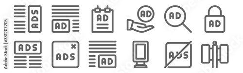 set of 12 advertising icons. outline thin line icons such as billboard, banner, remove ads, ads, poster, ads