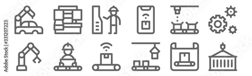 set of 12 mass producction icons. outline thin line icons such as container, conveyor, conveyor, conveyor, engineer, packing machine photo