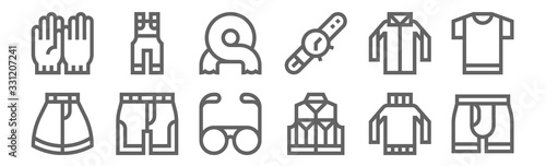 set of 12 fashion icons. outline thin line icons such as boxers, vest, swimwear, shirt, scarf, overalls