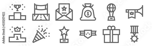 set of 12 winning icons. outline thin line icons such as medal, medal, confetti, trophy, winner, race