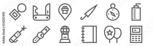 set of 12 promotional gifts icons. outline thin line icons such as calculator, notebook, wristwatch, compass, placeholder, jackknife