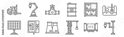 set of 12 industrial process icons. outline thin line icons such as industrial robot, crane, lever, stock, valve, industrial robot