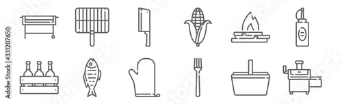 set of 12 barbecue icons. outline thin line icons such as bbq, fork, fish, bonfire, cleaver, grill