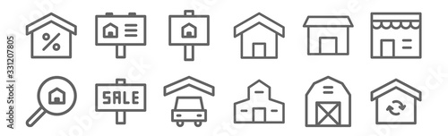 set of 12 building icons. outline thin line icons such as renovation, villa, sale, temple, house, real estate