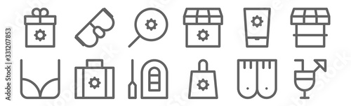 set of 12 summer sales icons. outline thin line icons such as cocktails, shopping bag, suitcase, sun block, search, goggles