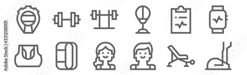 set of 12 gym icons. outline thin line icons such as elliptical, trainer, bracelet, gym, weight, weight