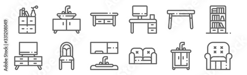 set of 12 furnitures icons. outline thin line icons such as armchair, sofa, chair, dinning table, table, sink