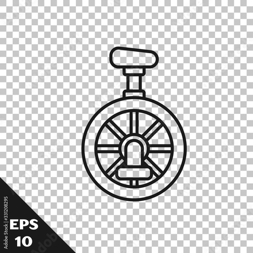 Black line Unicycle or one wheel bicycle icon isolated on transparent background. Monowheel bicycle. Vector Illustration