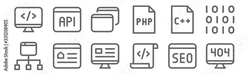 set of 12 programming icons. outline thin line icons such as error, script, homepage, programming language, browser, api