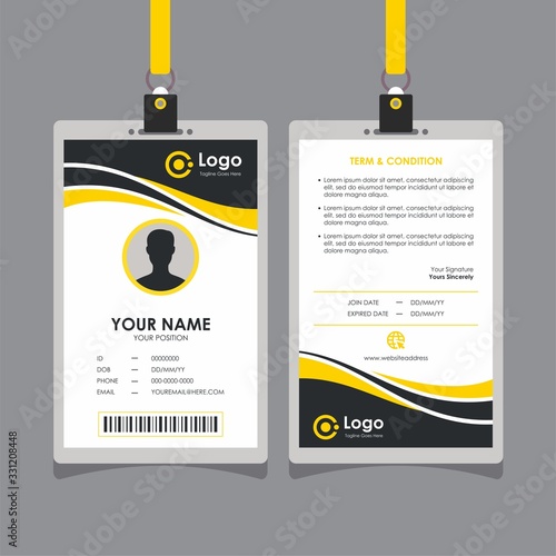 Simple Clean Stylish Wave Id Card Design with Yellow and Black Color, Professional Identity Card Template Vector for Employee and Others
