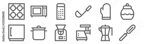 set of 12 cooking icons. outline thin line icons such as peeler, meat mincer, cooking, mitten, grater, microwave