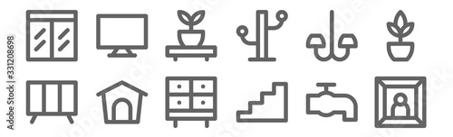 set of 12 home decoration icons. outline thin line icons such as photography, staircase, pet house, chandelier, shelves, tv