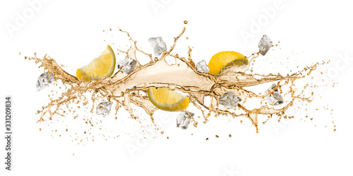 Bild auf Leinwand tea wave splashing with lemon slices and ice cube, isolated on white
