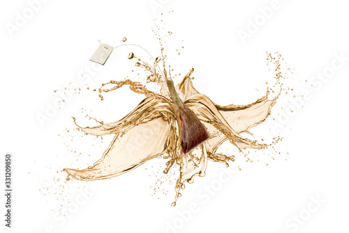 tea wave splashing with tea bag, isolated on white.