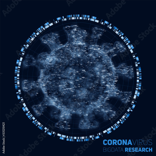 Big data research of Coronavirus disease. 3d vector illustration of virus and data cloud. Futuristic virology analysis of SARS. Pathogen exploraion concept.