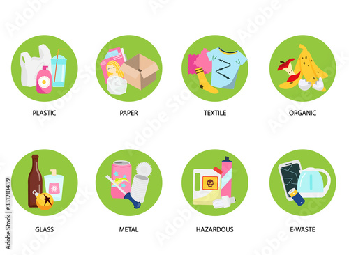 Waste types sorting. Organic, paper, metal, hazardous, textile and other kind of trash symbols. Garbage vector icons