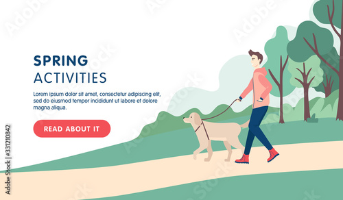Spring activities landing page design. Man wearing sport clothes and walking with a dog in the park. Flat cartoon vector illustration.